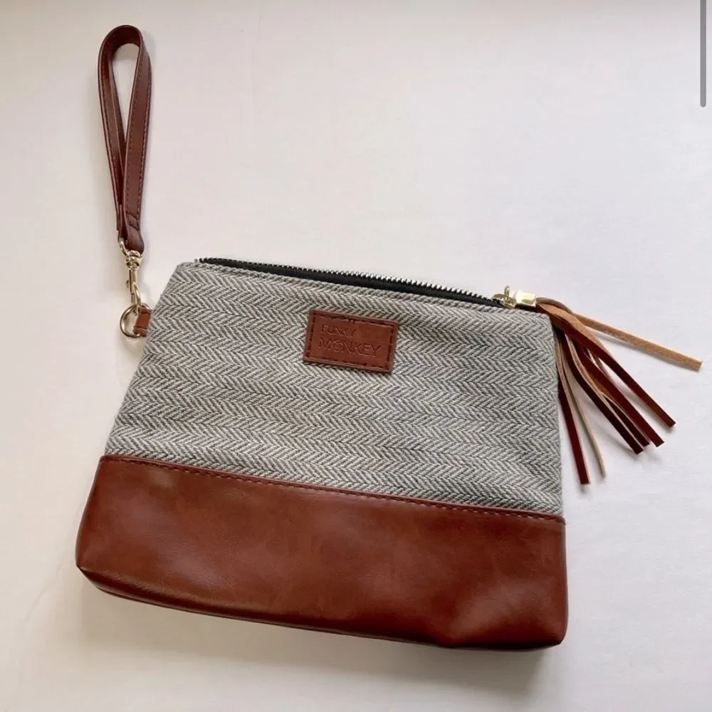 Funky Monkey Clutch Herringbone Gray & Faux Leather Purse 8.5”x6.5” Bag